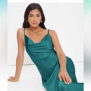 Spaghetti Strap Cowl Neck Long Slip Satin Silk Midi Dress